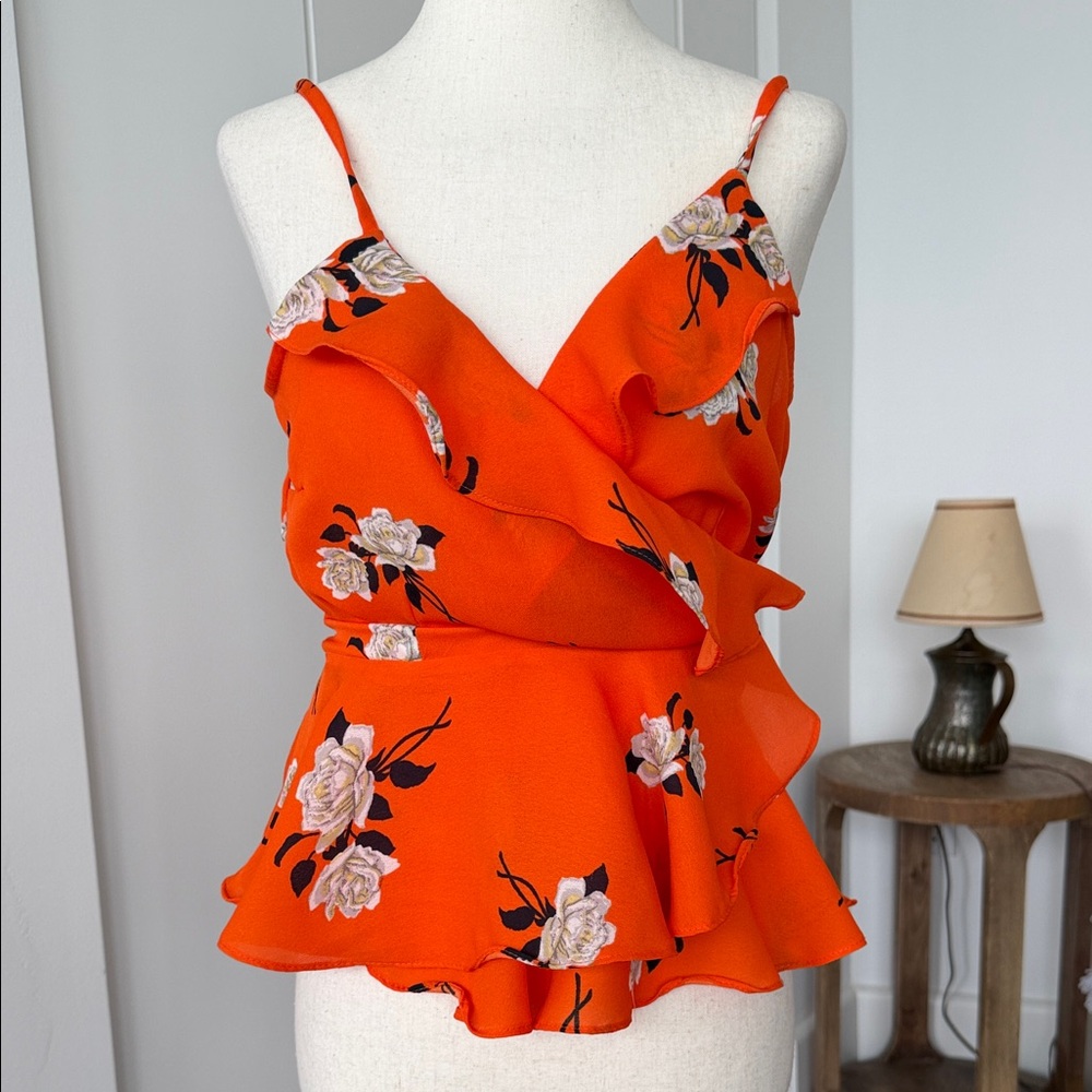 Women’s Floral Ruffle Spaghetti Strap Top - Orange